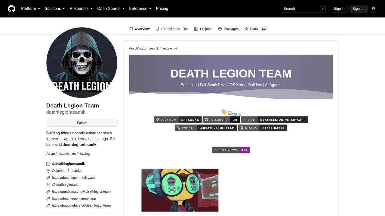 Screenshot of the deathlegionteamlk GitHub profile — 66 public repositories, 129 stars, bio: building things nobody asked for since forever