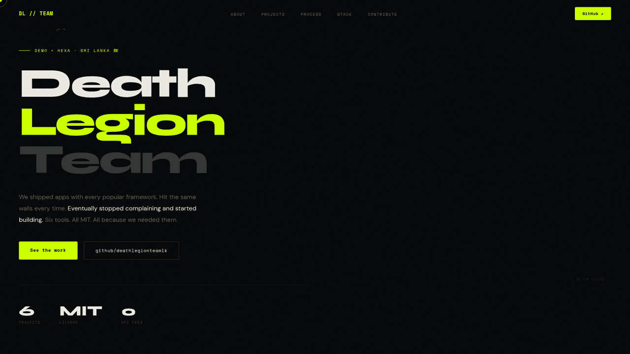 Screenshot of deathlegion.netlify.app — the origin site of the DEMO × HEXA era
